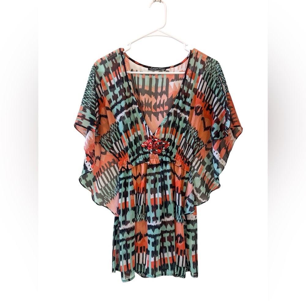 Madison Paige Boho Sheer Tunic Top or Swim Cover Up‎ S/M Abstract Flutter Sleeve